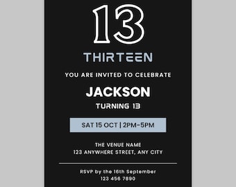 13th Birthday Invitation Boy, Teenager Birthday Invitation, Editable Canva Template