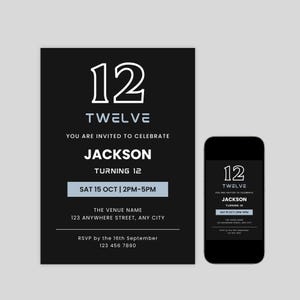 12th Birthday Invitation Boy Invite, Birthday Party, Print or Electronic Invite, Editable Canva Template