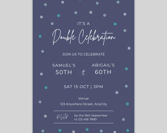 May include: A purple invitation with white text announcing a "Double Celebration" for Samuel's 50th and Abigail's 60th birthdays. The event will be held on Saturday, October 15th at 3 PM at 123 Anywhere Street, AnyCity. RSVP by September 16th to 123 456 7890.
