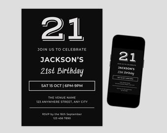 Invitación de cumpleaños número 21 para hombre, plantilla editable de Canva