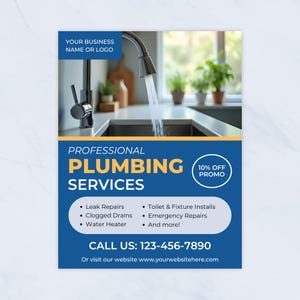 Flyer de serviço de encanamento para encanadores, negócios de encanamento, modelo editável do Canva