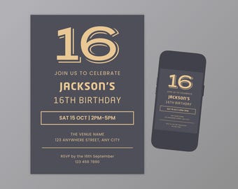 16th Birthday Invitation Boy, Teenager Birthday Invitation, Editable Canva Template