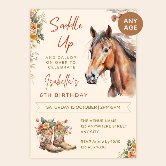 Horse Birthday Invitation Girl, Cowgirl, Horse Birthday Party Invite, Saddle Up, Any Age, Printable or Digital, Editable Canva Template