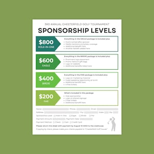 May include: A green and white sponsorship form for the 3rd Annual Chesterfield Golf Tournament. The form outlines sponsorship levels: Hole-in-One ($800), Eagle ($600), Birdie ($400), and Par ($200). Includes a section for contact information.