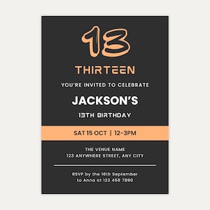 13th Birthday Invitation Boy, Teenager Birthday Invitation, Editable Canva Template