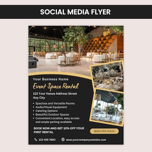 Event Space Rental Flyer Social Media, Event Venue Rental, Digital Flyer, Wedding Event Venue, Party Venue Hire, Editable Canva Template