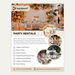 Party Rentals Flyer, Party Equipment, Event Decor Flyer, Party Decor, Event Supplies, Party Planning, Canva Editable Template