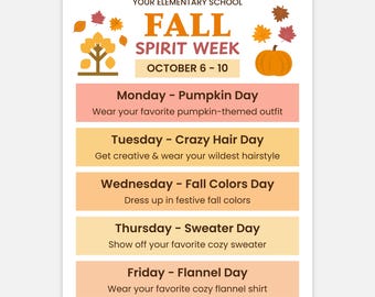 Fall School Spirit Week-flyer: reisschema (canva-sjabloon)