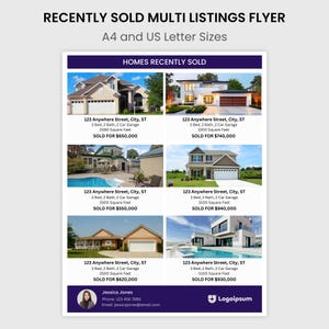 May include: A flyer advertising recently sold homes. The flyer features photos of four houses, each with a description of the property, including the number of bedrooms, bathrooms, and square footage. The flyer also includes the selling price of each home. The flyer is designed in a modern style with a purple and white colour scheme.