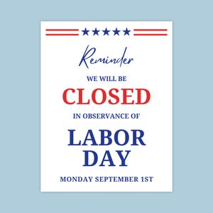 Geschlossen wegen Labor Day druckbares Schild, Geschlossen am Labor Day Business Türschild