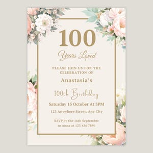 100. Geburtstag Einladung für Frauen, Floral, bearbeitbare Canva Vorlage