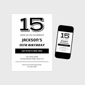 15th Birthday Invitation Boy, Teenager Birthday Invitation, Editable Canva Template