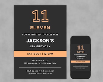 11th Birthday Invitation Boy Invite, Birthday Party, Editable Canva Template