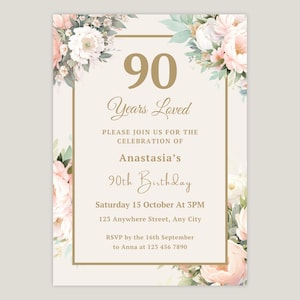 90th Birthday Party Invitation for Women, Floral, 90 Years Loved, Ninety, Printable or Digital, Editable Canva Template
