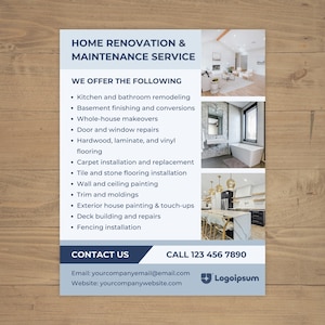 Flyer woningrenovatie, flyer aannemer, bouwdiensten, woningonderhoud, woningverbetering, bewerkbare canvassjabloon