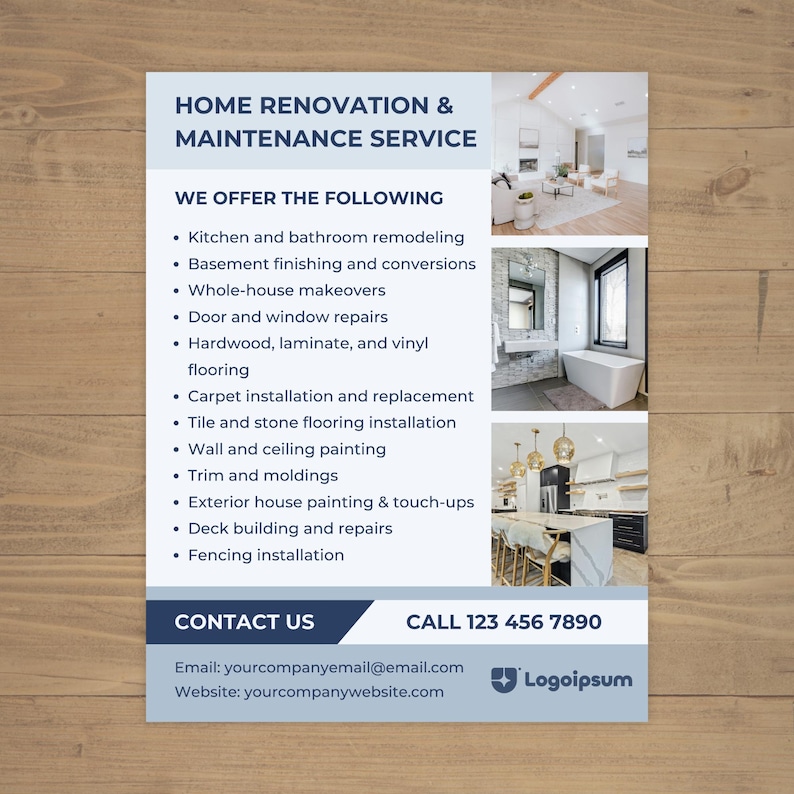 Home Renovation Flyer, Contractor Flyer, Construction Services, Home Maintenance, Home Improvement, Editable Canva Template image 1