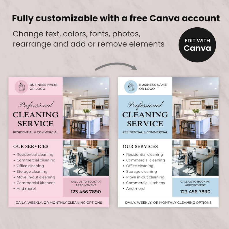 Pode incluir: Um folheto promocional para um servi&ccedil;o de limpeza profissional, com op&ccedil;&otilde;es de design em rosa e azul. O folheto anuncia "Servi&ccedil;o de Limpeza Profissional" e lista servi&ccedil;os como limpeza residencial e comercial. Tamb&eacute;m inclui um n&uacute;mero de telefone e a op&ccedil;&atilde;o de editar com Canva.
