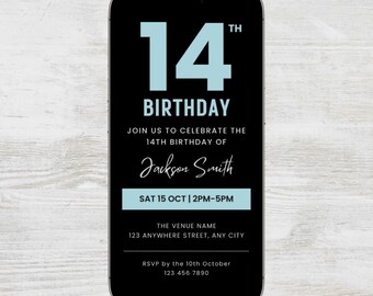 Digital 14th Birthday Invitation for Boys, Teenager Party Invite, 14 Year Old, Electronic Text Phone Invite, Editable Canva Template