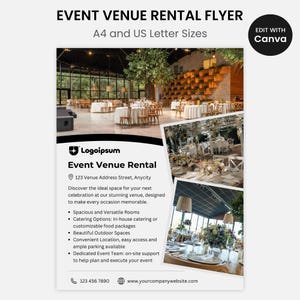 Folleto de alquiler de lugar para eventos, lugar para bodas, alquiler de lugar para fiestas, espacio de alquiler de lugar, plantilla de Canva editable