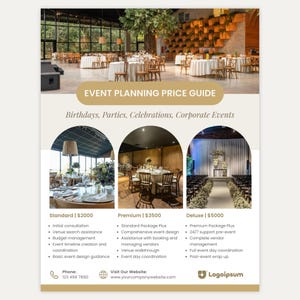 May include: A price guide for event planning services. The guide lists three packages: Standard, Premium, and Deluxe, with their respective prices and services included. The packages offer services such as initial consultation, venue search assistance, budget management, event timeline creation, and coordination. The guide also includes a phone number and website address for contact.
