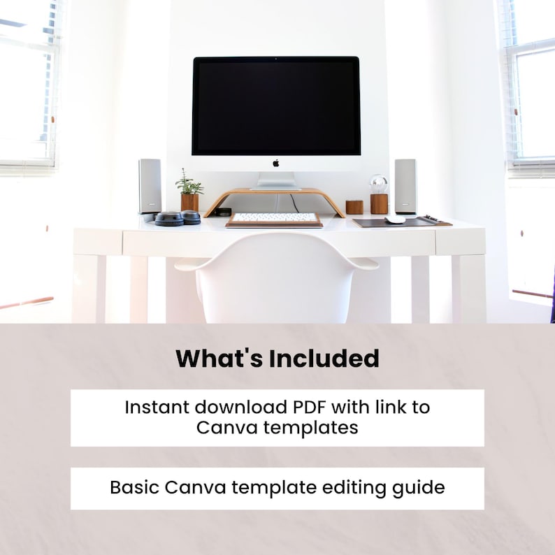 Pode incluir: Uma secret&aacute;ria branca moderna com um monitor de computador, teclado e colunas. Uma cadeira branca est&aacute; posicionada em frente &agrave; secret&aacute;ria. O texto "What's Included" &eacute; exibido acima de dois ret&acirc;ngulos brancos com texto: "Download instant&acirc;neo PDF com link para modelos Canva" e "Guia b&aacute;sico de edi&ccedil;&atilde;o de modelos Canva."