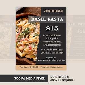 Food Menu Flyer DIY, Meals, Lunch, Dinner, Supper, Specials, Pasta, Sweets, Cakes, Desserts, Editable Canva Template Social Media Instagram