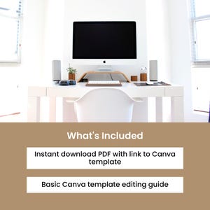 May include: A modern white desk with a computer, speakers, and accessories. The desk has a wooden monitor stand, a keyboard, and a mouse. The image includes the text "What's Included" and details about a Canva template.