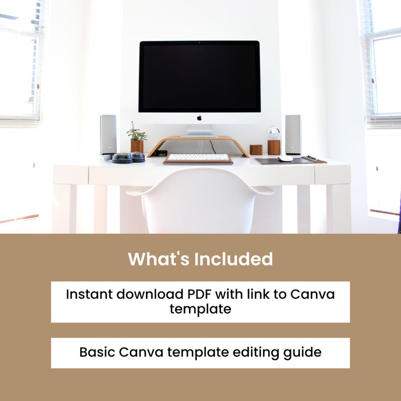 May include: A modern white desk with a computer, speakers, and accessories. The desk has a wooden monitor stand, a keyboard, and a mouse. The image includes the text "What's Included" and details about a Canva template.
