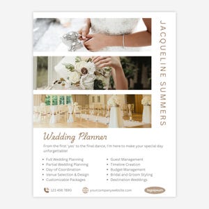 May include: A wedding planner business card with a white background and brown text. The card features three photos of a wedding ceremony, a bride holding a bouquet, and a bride holding her dress. The text on the card includes the name "Jacqueline Summers", the title "Wedding Planner", and a list of services offered, such as full wedding planning, partial wedding planning, day-of coordination, venue selection and design, and customizable packages. The card also includes contact information, including a phone number and website address.