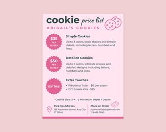Sjabloon prijslijst koekjes, koekjesbedrijf, prijslijst koekjes, aangepaste koekjes, gepersonaliseerd, suikerkoekje, bewerkbaar canvas