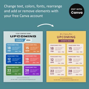 May include: Two event schedule templates with the text "Upcoming Events 2024". The templates have colored boxes for event dates, times, and titles. The Canva logo is in the top right corner.