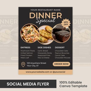 Folleto de cena especial, menú de restaurante, ofertas de cena, menú de cena, catering, plantilla editable de Canva para redes sociales e Instagram