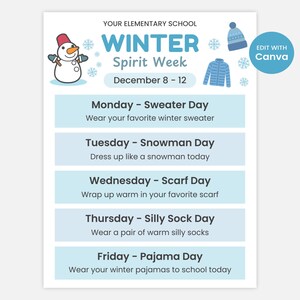 Winter School Spirit Week Flyer, Itinerary Schedule, PTA and PTO Winter, Editable Canva Template