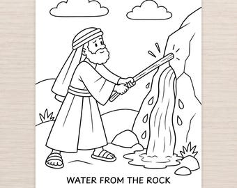 Kleurplaat van Mozes die water uit de rots haalt, Exodus 17:6 (printbaar)
