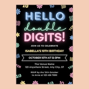 Hello Double Digits 10th Birthday Invitation Girl, Neon Glow Party, Peace Out Single Digits, Birthday Party, Editable Canva Template