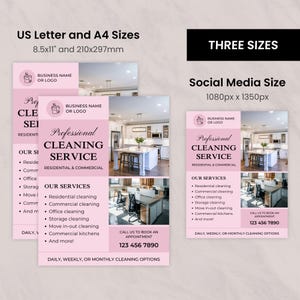 Pode incluir: Flyer rosa e branco para um servi&ccedil;o de limpeza profissional. O flyer inclui o texto "Servi&ccedil;o de Limpeza Profissional" e lista servi&ccedil;os como limpeza residencial e comercial. Inclui um n&uacute;mero de telefone e op&ccedil;&otilde;es de tamanho.