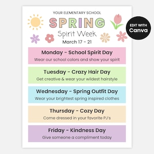 Spring School Spirit Week Flyer, Itinerary Schedule, PTA and PTO Spring, Editable Canva