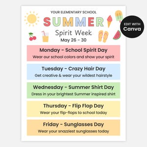 Summer School Spirit Week Flyer, Itinerary Schedule, PTA and PTO Summer, Editable Canva Template