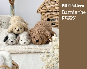 May include: PDF pattern for knitting a brown, beige, and grey puppy named "Barne the puppy". The pattern is shown with three knitted puppies, one brown, one beige, and two grey.