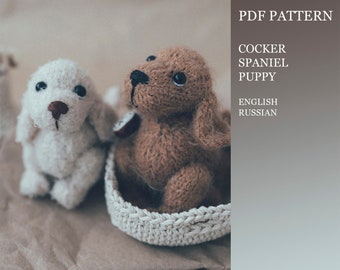 Cocker Spaniel puppy knitting pattern. Little knitted realistic dog step by step tutorial. DIY tiny toy. English and Russian PDF.
