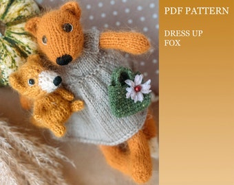 Dress up Fox knitting pattern. Amigurumi fox + Basic set of removable clothes. DIY knitting tutorial. English and Russian PDF.