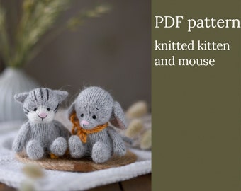 Knitted kitten and mouse. Knitting pattern in English and Russian. Amigurumi toy