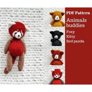 May include: PDF pattern for knitting four animal plushies: a red panda, a foxy kitty, a black kitty, and a brown kitty. The pattern is titled "Animals buddies".