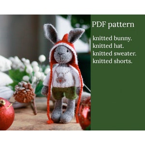 Christmas knitted bunny pattern. Knitting amigurumi. PDF tutorial