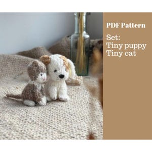 Puede incluir: Un conjunto de cachorros y gatos diminutos de ganchillo. El cachorro es blanco con manchas marrones, y el gato es marrón y blanco. El texto de la derecha dice "PDF Pattern Set: Tiny puppy Tiny cat."