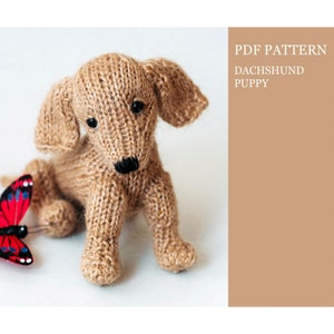 Dachshund puppy knitting pattern. Little knitted realistic dog step by step tutorial. DIY tiny toy. English and Russian PDF.