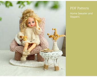 Home Sweater and Slippers knitting pattern for 8” doll. English and Russian PDF.