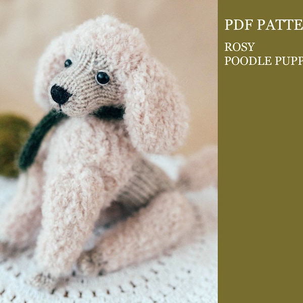 Poodle puppy knitting pattern. Little knitted realistic dog step by step tutorial. DIY tiny toy. English and Russian PDF.