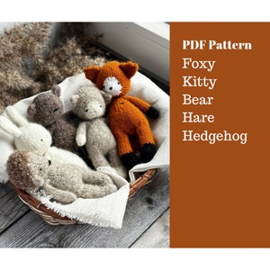 Puede incluir: Una cesta llena de cinco juguetes de animales de punto: un zorro, un gato, un oso, un conejo y un erizo. Los juguetes son de diferentes colores y tienen caras lindas. El texto "PDF Pattern Foxy Kitty Bear Hare Hedgehog" es visible en el lado derecho de la imagen.