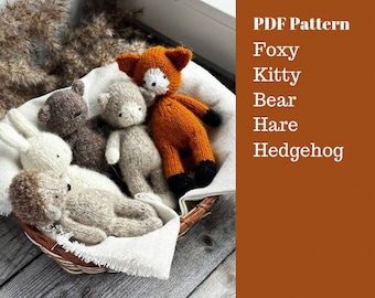 Forest friends 5 in 1 Knitting toys pattern. Hedgehod, Bear, Hare, Fox, Kitty. English and Russian PDF.